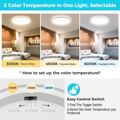 libtit 13 Inch Led Flush Mount Ceiling Light Fixtures,3200lm 28W 3 Color 3000K 4500K 6000K Selectable, Low Profile Thin Surface Mount Lighting Fixture for Bathroom Kitchen Office (White, 12 Pack)