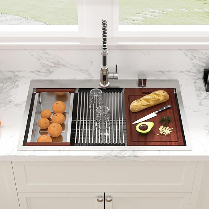 Sarlai 28 Kitchen Sink Drop In - 28 "x 22" Kitchen Sink Drop In Stainless Steel 16 Gauge Ledge Workstation Topmount Single Bowl Over Counter Kitchen Sinks Basin