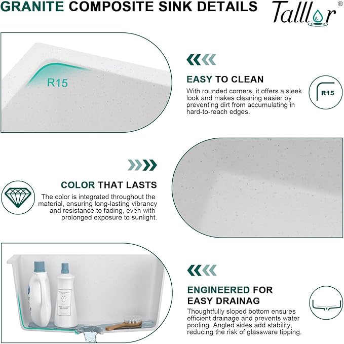 12" Deep White Laundry Utility Sink - 24"x18"x12" Granite Composite Undermount Laundry Sink White Quartz Classic Under Counter Single Bowl Extra Deep Sinks #TLGU-120
