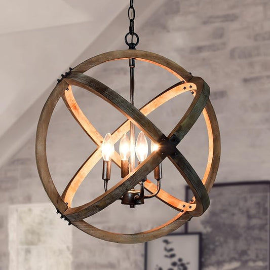 KSANA Wood Orb Chandelier, Rustic Farmhouse 4-Light Globe Hanging Fixture with Black Brushed Silver Accents for Dining Room, Foyer, Bedroom and Kitchen