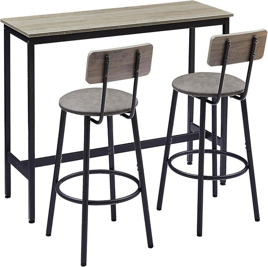 2-Person Grey Bar Table Set with 2 PU Padded Bar Stools - 43.3" Modern Kitchen Island Counter Height Table Set, Backrest Stools for Breakfast Nook, Compact Pub Table Set for Apartment Balcony