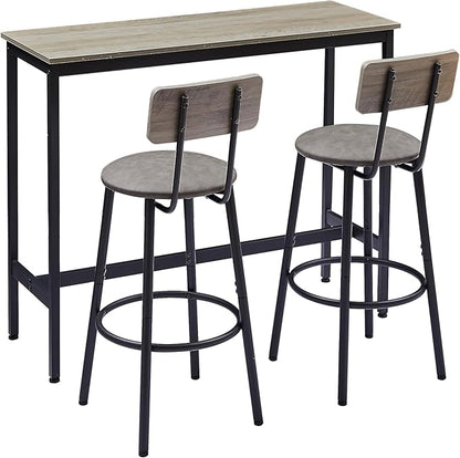2-Person Grey Bar Table Set with 2 PU Padded Bar Stools - 43.3" Modern Kitchen Island Counter Height Table Set, Backrest Stools for Breakfast Nook, Compact Pub Table Set for Apartment Balcony
