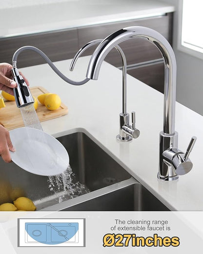 Kitchen Faucet and Water Filter Faucet Combo, WOWOW Stainless Steel Kitchen Sink Faucet with Drinking Water Faucet for Reverse Osmosis or Water Filtration System, Chrome