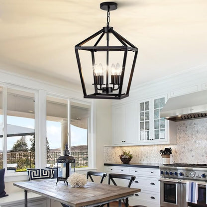4-Light Black Pendant Lights Kitchen Island, 12 Inch Farmhouse Pendant Light, Adjustable Height Iron Lantern Black Pendant Light Fixtures, Cage Farmhouse Chandelier Island Lights for Kitchen Foyer