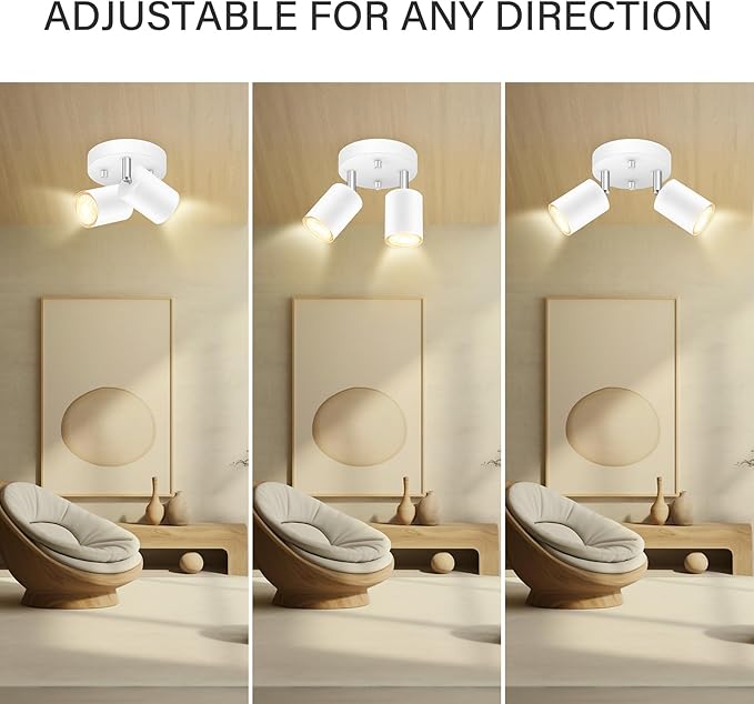BoostArea LED 2 Light Track Lighting Kit, LED Track Lighting Fixtures, White Round Ceiling Spot Lighting, Flexibly Rotatable Light Head for Kitchen, Living Room, Bedroom, GU10 Bulb Not Included