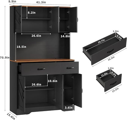 IDEALHOUSE 71" Kitchen Pantry Storage Cabinet with Charging Station, Farmhouse Kitchen Hutch Cabinet with 2 Storage Drawers, Large Food Pantry with Microwave Stand for Dining Room,Living Room,Black