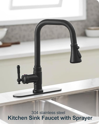 3 Function Black Kitchen Sink Faucet, 360 Degree Swivel Kitchen Faucets with Pull Down Sprayer, Single Handle with Deck Plate for 1 or 3 Hole, Stainless Steel