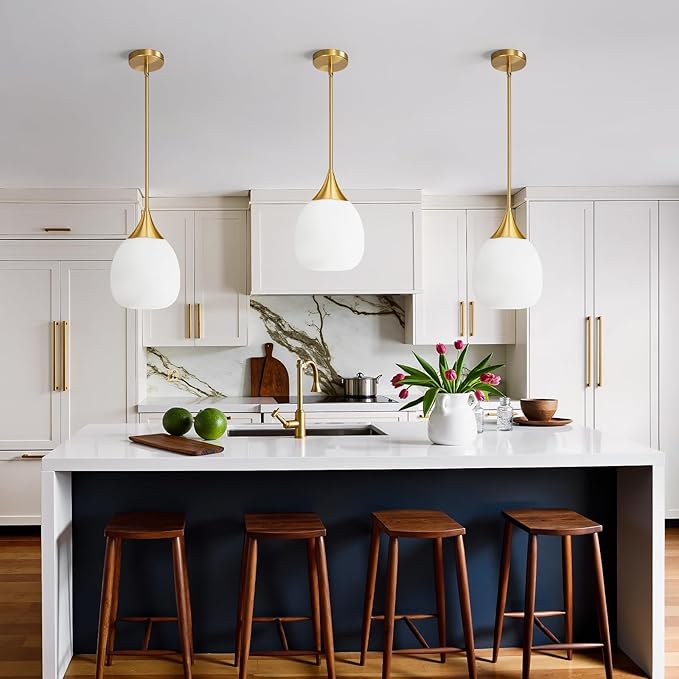 Kitchen Island Pendant Light: Mid Century Brushed Gold Hanging Light Fixtures with Milky Glass Globe - 10 Inch Farmhouse Chandeliers Ceiling Lighting for Dining Room