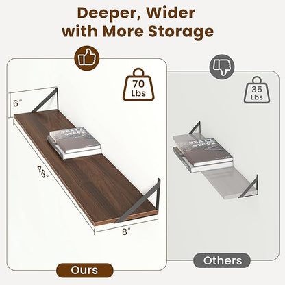 Acovy Floating Shelves for Wall,48" Wx8 D Wood Wall Shelves,Hanging Storage Floating Shelf with Metal Brackets,Wide Floating Bookshelf for Living Room,Office,Bedroom,Bathroom,Set of 2,Walnut