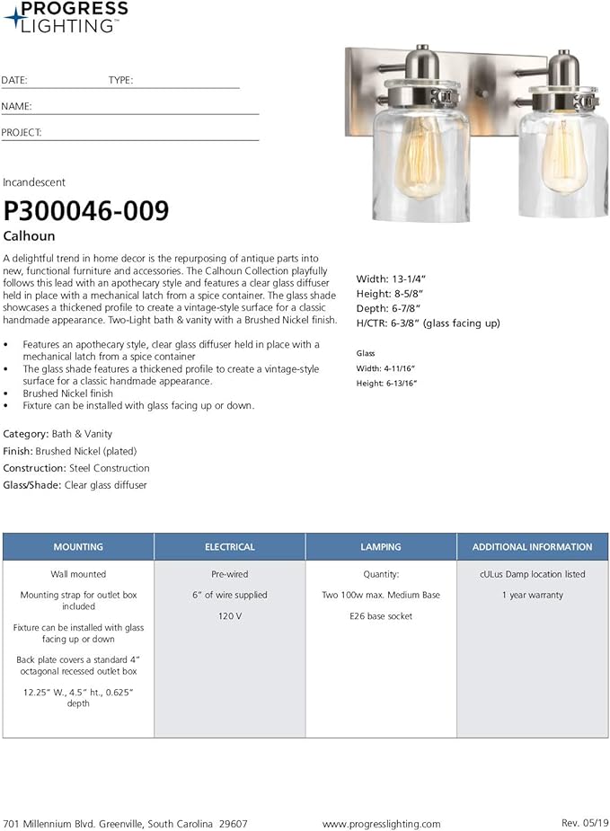 Progress Lighting P300046-009 Calhoun Collection Clear Glass Farmhouse Bath Vanity Light, 2-Light, Brushed Nickel