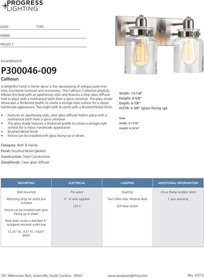 Progress Lighting P300046-009 Calhoun Collection Clear Glass Farmhouse Bath Vanity Light, 2-Light, Brushed Nickel