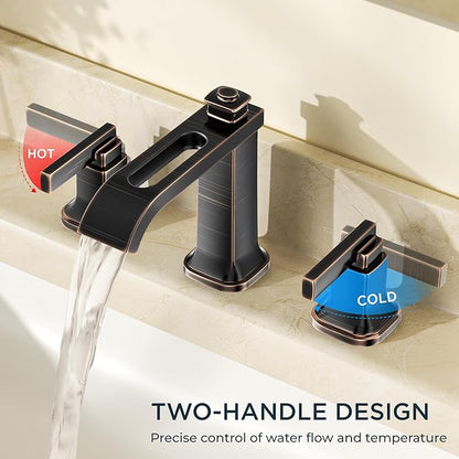 FORIOUS 3 Hole Oil Rubbed Bronze Bathroom Faucet,8 Inch Widespread Bathroom Vanity Faucets with Metal Pop Up Drain, Unique Waterfall Design