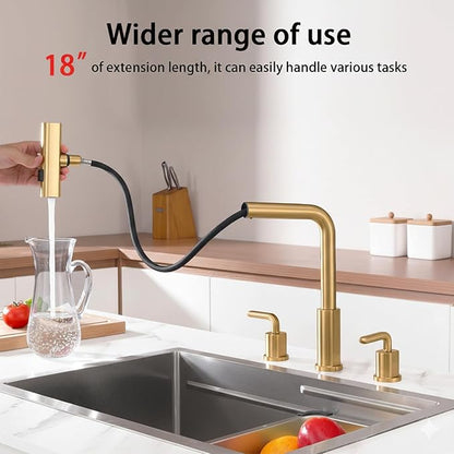 Kitchen Sink Faucet with Pull Down Sprayer - Brushed Gold 3 Hole Stainless Steel Kitchen Faucets - 2 Handle 8 Inch Champagne Bronze Waterfall Sinks Faucet for Laundry Farmhouse Three Holes Set