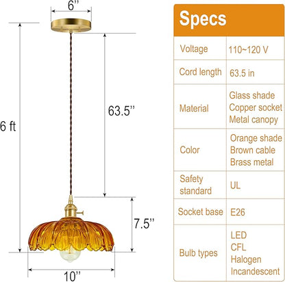 Pendant Light Fixture, Hanging Light Fixture, Glass Shade Pendant Light with Rotary Switch, Modern Lamp for Kitchen Island, Bedroom, Dining Room, Living Room (Orange Lotus, Hard-Wired)