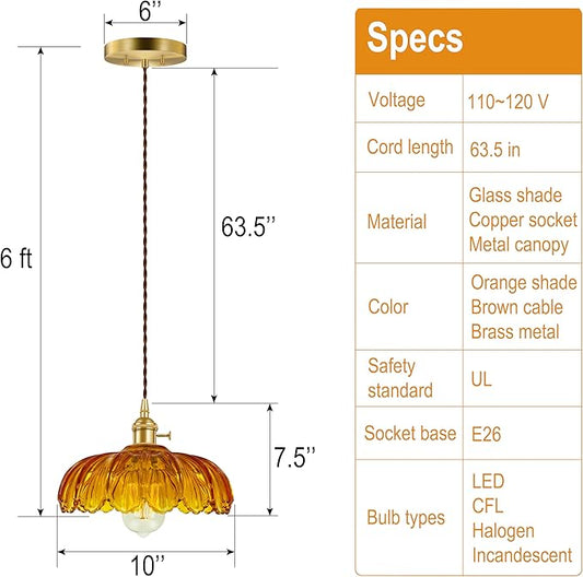 Pendant Light Fixture, Hanging Light Fixture, Glass Shade Pendant Light with Rotary Switch, Modern Lamp for Kitchen Island, Bedroom, Dining Room, Living Room (Orange Lotus, Hard-Wired)