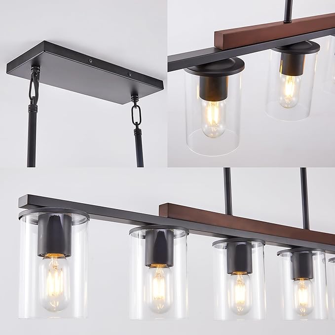 Mecgirn Farmhouse Dining Room Light Fixtures Over Table, Black Pendant Lights for Kitchen Island, 6 Light Large Linear Chandelier Lighting with Wood