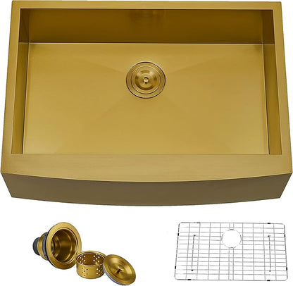HOTIS Gold Farmhouse Sink, 30 Inch Gold Kitchen Sink, Flat Apron-Front Undermount Drop In Farm Sinks, Stainless Steel Single Bowl Handmade Farmhouse Kitchen Sinks With Accessories