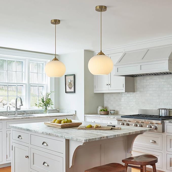 Mid Century Milk Glass Pendant Light Fixture Antique Brass Kitchen Pendant Light Ribbed Glass Ceiling Light Small Globe Pendant Lamp Vintage Gold Pendant Lighting (2 Pack)