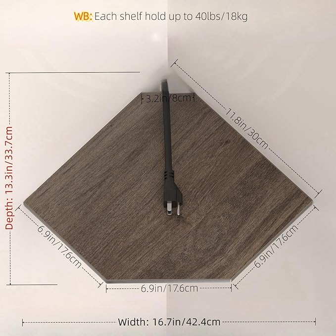 JJL Corner Shelf, 12 Inch Corner Shelf Wall Mounted with Wire Hole, 2 Tier 13.3 Inch Deep Wooden Corner Hanging Shelves for Wall Storage, for Speaker, Cable Box, Grey