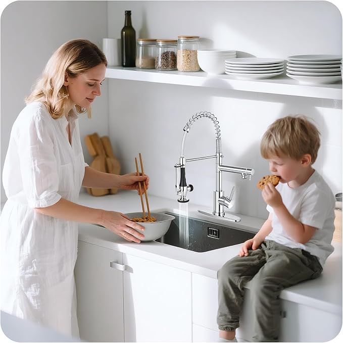 Kitchen Faucet with Pull Down Sprayer - Chrome Single Handle Commercial Kitchen Faucets, 2-Spout Stainless Steel Spring Pull Out Kitchen Sink Faucet 1/3 Hole with Deck Plate