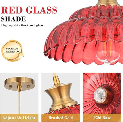 Red Glass Pendant Light, 11.8" Vintage Pendant Lighting Brushed Gold Glass Light Fixtures Red Chandelier Modern Hanging Ceiling for Dining Room Kitchen Island Sink Bedroom Foyer Entryway