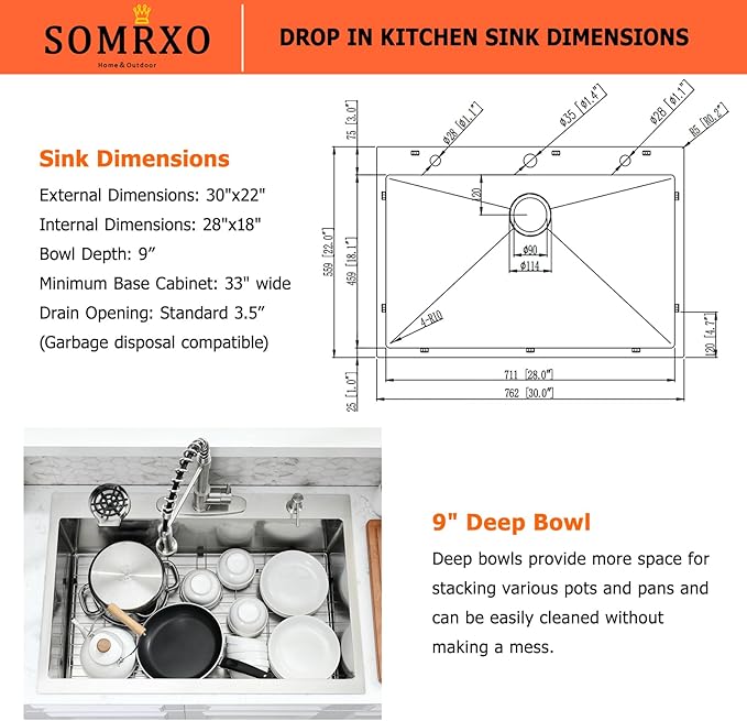 30 Inch Drop In Kitchen Sink with Faucet Combo - Stainless Steel Drop In Sink with Cup Washer, 9 Inch Deep Single Bowl Kitchen Sinks and Faucets Combo Set,Top Mount Design for Modern Kitchens