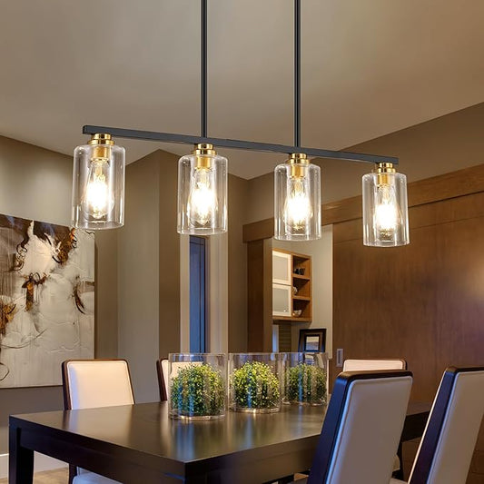 Mecgirn Island Light for Kitchen, Black and Gold Dining Room Light Fixture Over Table, 4-Light Linear Chandelier Pendant Lighting for Dining Table Kitchen Island Living Room