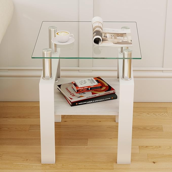 Set of 2 Glass End Table, 2-Layer Glass Living Room Table, Modern Tea Table Side Tables for Home Office Furniture