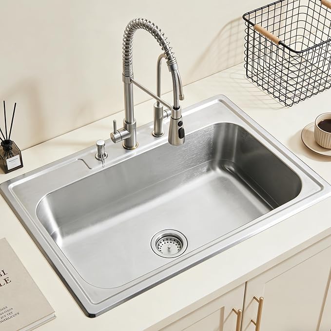 MILOSEN 33''x22'' Drop in Kitchen Sink, Topmount T304 Stainless Steel Sink with Three Holes, Single Bowl 9'' Deep Sinks with Strainer, Round Corner Large and Deep Sinks, Brushed Finish