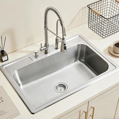 MILOSEN 33''x22'' Drop in Kitchen Sink, Topmount T304 Stainless Steel Sink with Three Holes, Single Bowl 9'' Deep Sinks with Strainer, Round Corner Large and Deep Sinks, Brushed Finish