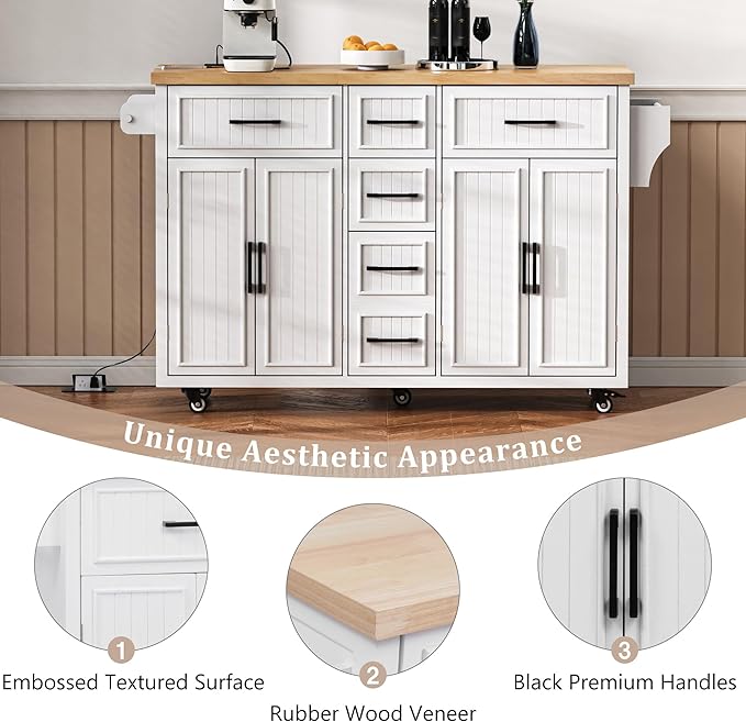 Ball & Cast 56.5" Large Kitchen Island with Drop Leaf and Power Outlet,Embossed Vertical Stripe Rolling Kitchen Cart on Wheels W/Adjustable Shelves,4 Doors & 5 Deep Drawers,for Dining Room,White