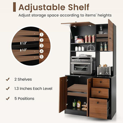 PETSITE Kitchen Buffet Hutch Storage Cabinet, 71" Freestanding Pantry with 3 Cabinets & Drawers, Adjustable Shelves, Microwave Cupboard for Living Room, Dining Room (Walnut)