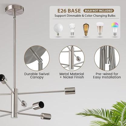 KAISITE Modern Chandelier Ceiling Light Fixture Brushed Nickel Sputnik Chandeliers for Bedroom Living Room 8-Light Height Adjustable Dining Room Farmhouse Chandelier Over Table Hanging Kitchen Light