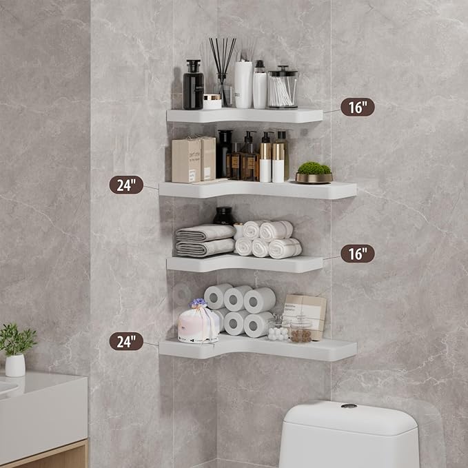 SAUMONIERES Corner Floating Shelves 24 Inch Wall Mount Shelf Solid Wood for Bedroom Bathroom Kitchen Storage Set of 2, White