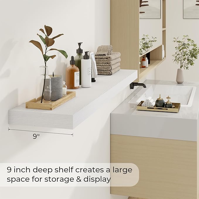 Dreamland 48 Inch Long Floating Shelves in White,9.3 Inch Deep Floating Shelf for Wall,Large Display & Storage Shelf, Wall Shelf for Bathroom Bedroom Living Room Kitchen Office，Set of 2