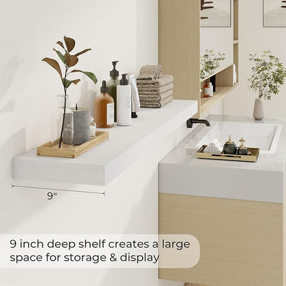 Dreamland 48 Inch Long Floating Shelves in White,9.3 Inch Deep Floating Shelf for Wall,Large Display & Storage Shelf, Wall Shelf for Bathroom Bedroom Living Room Kitchen Office，Set of 2