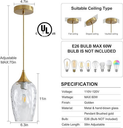 Glass Pendant Lights Kitchen Island, Gold Pendant Light Fixtures with Hand-Blown Clear Glass Modem Farmhouse Hanging Light for Kitchen Sink Dining Room Bedroom