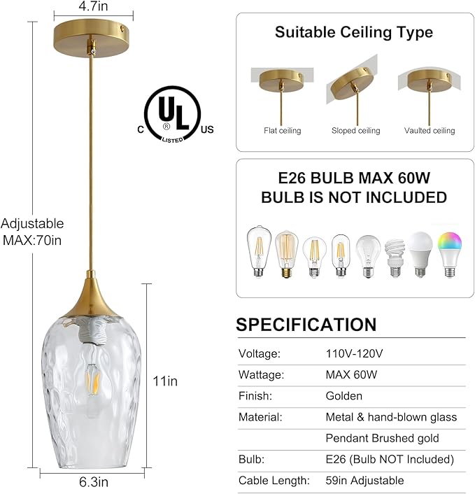 Glass Pendant Lights Kitchen Island 2 Pack, Gold Pendant Light Fixtures with Hand-Blown Clear Glass Modem Farmhouse Hanging Light for Kitchen Sink Dining Room Bedroom