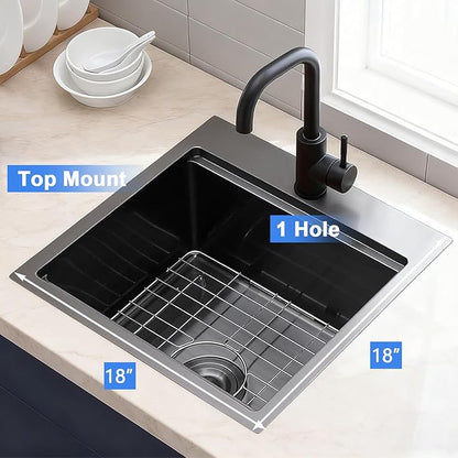 18x18" Gunmetal Black Drop In Bar Sink, Stainless Steel Workstation Topmount 9 Inch Deep Single Bowl Kitchen Prep RV Sink with Cutting Board