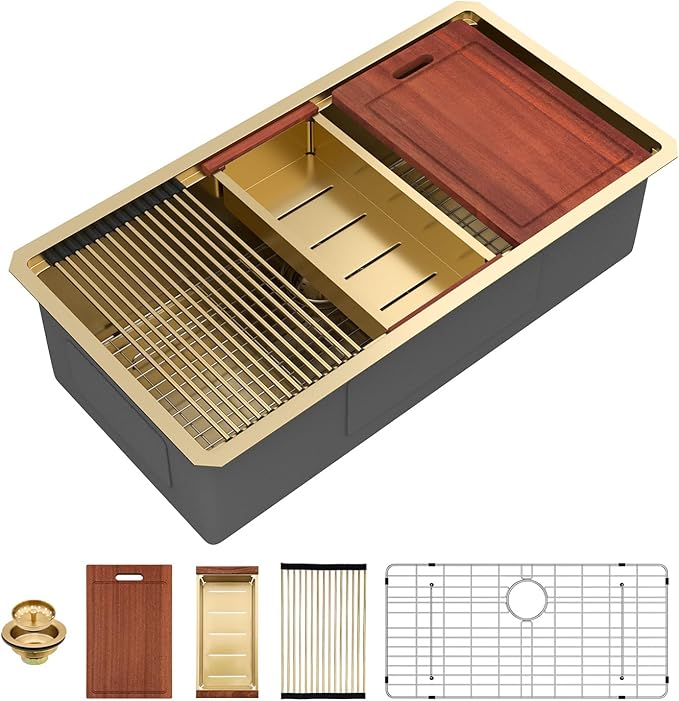 Sarlai 36 Gold Undermount Kitchen Sink Workstation - 36x19 Inch Kitchen Sinks with Ledge NANO-Tech Gold Sink Round Corner 16 Gauge Stainless Steel Single Bowl Sink Basin