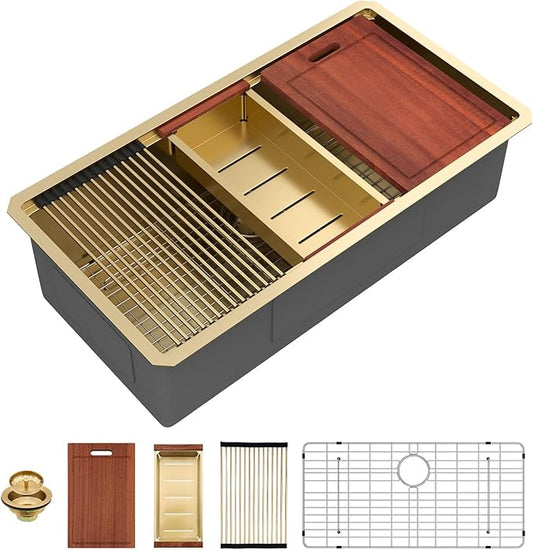 Sarlai 36 Gold Undermount Kitchen Sink Workstation - 36x19 Inch Kitchen Sinks with Ledge NANO-Tech Gold Sink Round Corner 16 Gauge Stainless Steel Single Bowl Sink Basin