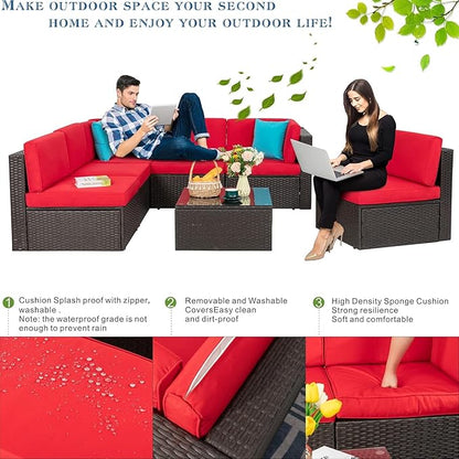 Vongrasig 8 Pieces Patio Furniture Set with 43" Fire Pit, Outdoor Couch Sectional Set, Small Conversation Set, 50,000 BTU Gas Fire Pit Propane Fire Table with Lid, Glass Wind Guard, Red