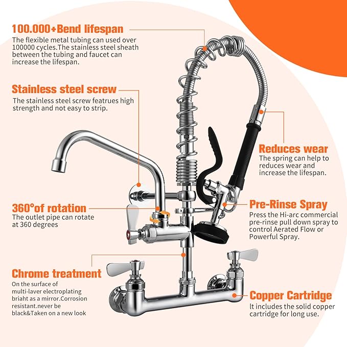 Commercial Kitchen Faucet with Sprayer 21" Height 8" Adjustable Center 8" Swing Spout, Wall Mount Kitchen Sink Faucet with Pull Down Pre-Rinse Sprayer