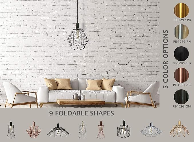Royal Designs, Inc. Foldable Industrial Metal Pendant Light with Adjustable 7 ft Long Lamp Cord & Canopy, Create 9 Different Shapes, Gunmetal, Single