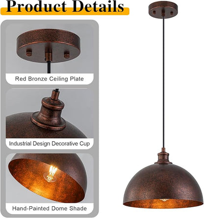 Farmhouse Pendant Lights Kitchen Island,11.8" Red Bronze Rustic Dome Pendant Lights Fixture,Adjustable Height Industrial Chandelier for Dining Room,Bedroom,Hallway