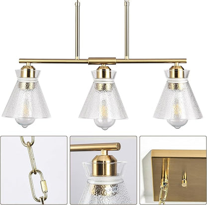 Gold Kitchen Island Lighting, 3-Light Farmhouse Pendant Light with Seeded Glass Shades, Adjustable Dining Room Chandelier for Entryway, Hallway, Foyer, Living Room, Bedroom