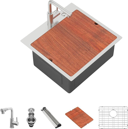Mocoloo 21 Inch Bar Sink with Faucet, 16 Gauge Drop in Workstation Sink - 21x20x9" Stainless Steel Single Bowl Small Kitchen Sink with Pull-Out Faucet