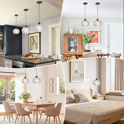 Glass Globe Pendant Lights, Clear Ribbed Glass Shade Mid Century Modern Pendant Light fixtures Pumpkin Design Black Adjustable Cord Ceiling Pendant Light Kitchen Island Dining Bedroom
