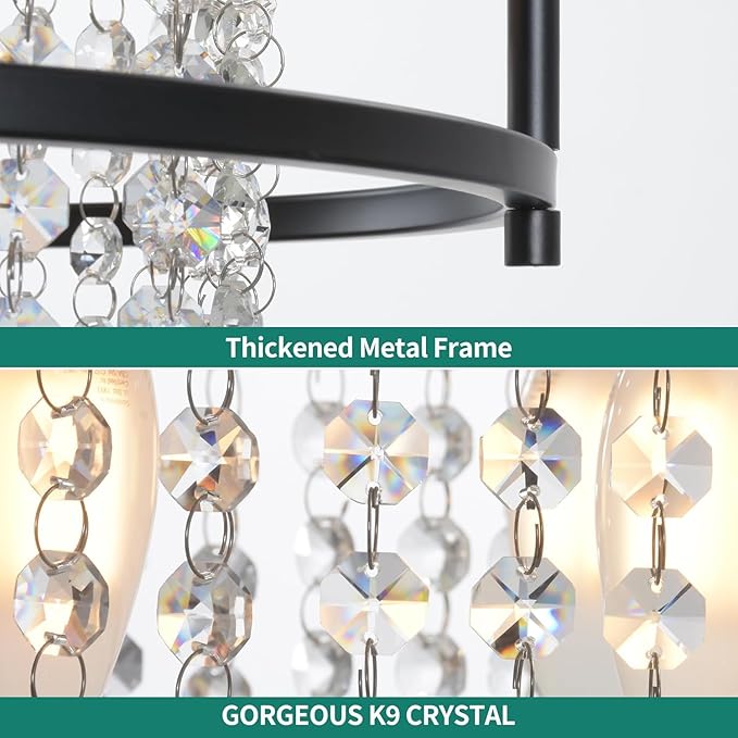 YITAHOME 4-Light Dining Room Crystal Light Fixture, 11.8 inch Round Farmhouse Chandelier Black Metal Pendant Light for Kitchen Island Dining Room Living Room