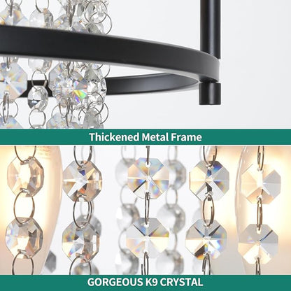 YITAHOME 4-Light Dining Room Crystal Light Fixture, 11.8 inch Round Farmhouse Chandelier Black Metal Pendant Light for Kitchen Island Dining Room Living Room